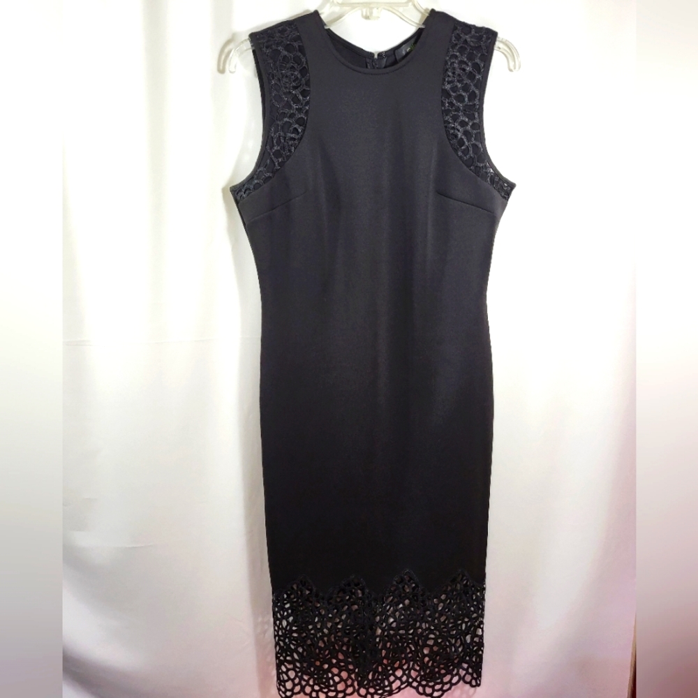 Maia black midi dress with heavy lace hem women's S  #1373